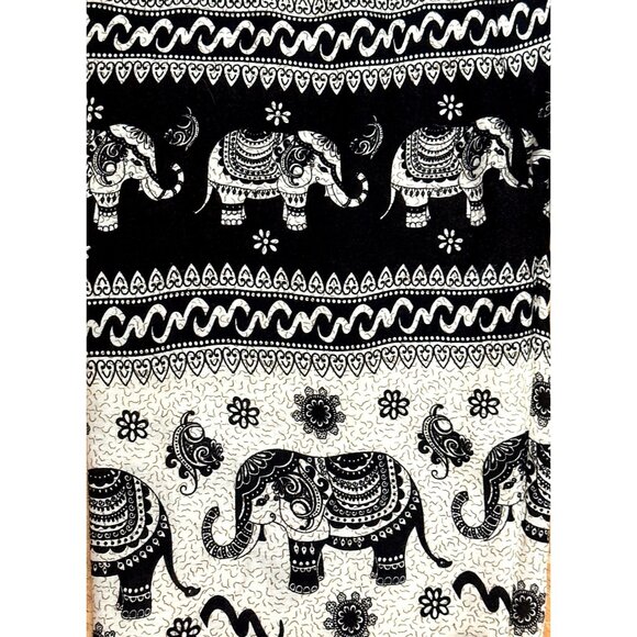 CCC Black Beige Elephant Print Rayon Pants Drawstring Waist Made In Thailand Med - Picture 4 of 6